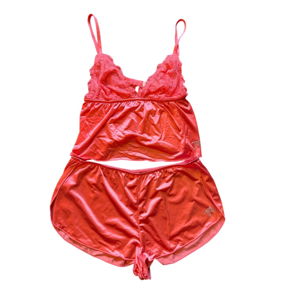 Juicy Couture Pink Satin Lace Pajama Set Rhinestone Logo Cami and Shorts